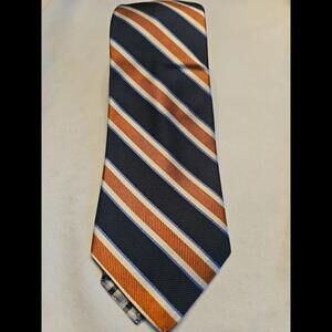 Roundtree & Yorke Tie 100% Silk Men’s Narrow Tie Blue Orange Stripe 59.5 X 2.75